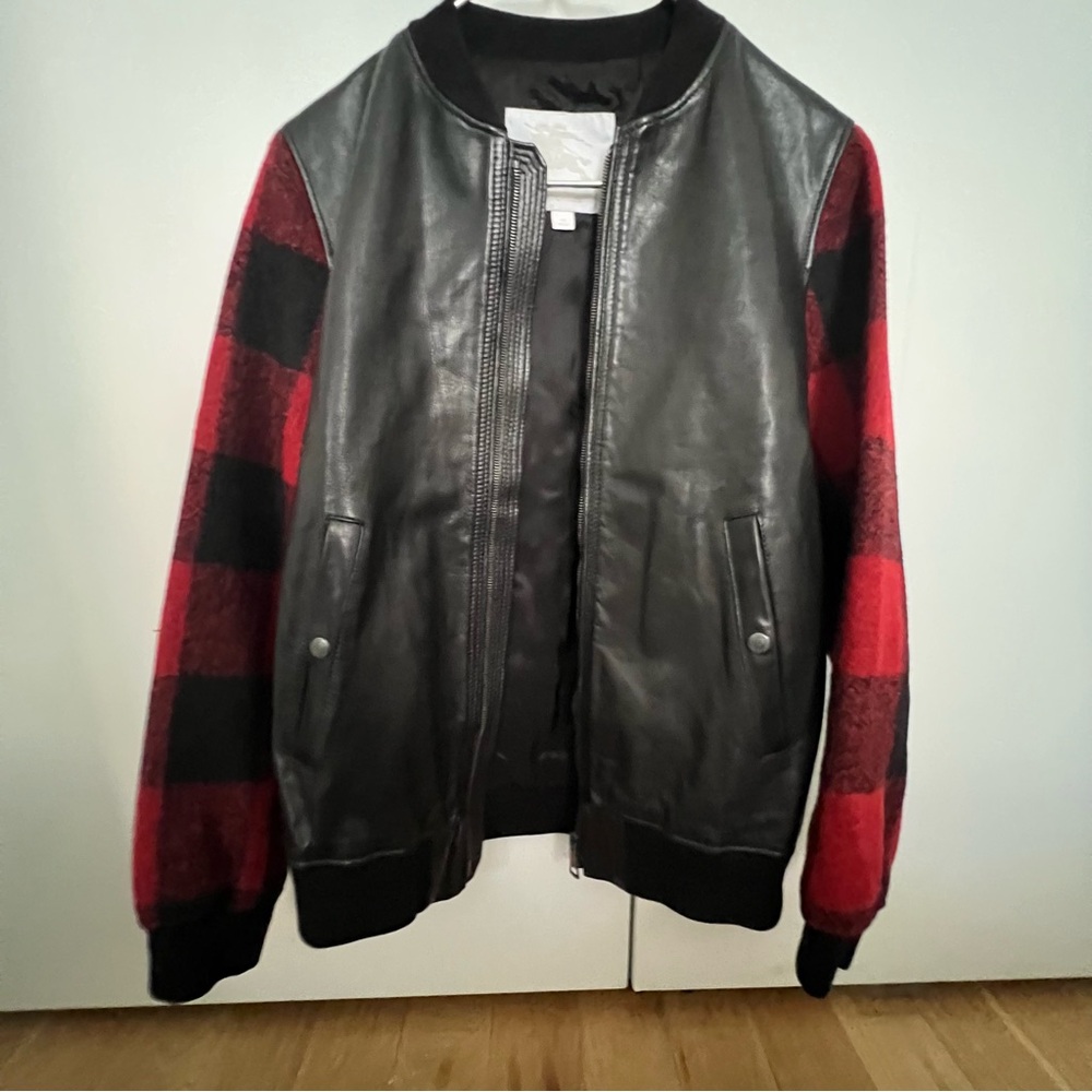 Burberry Black Leather and Red Plaid Bomber Jacket